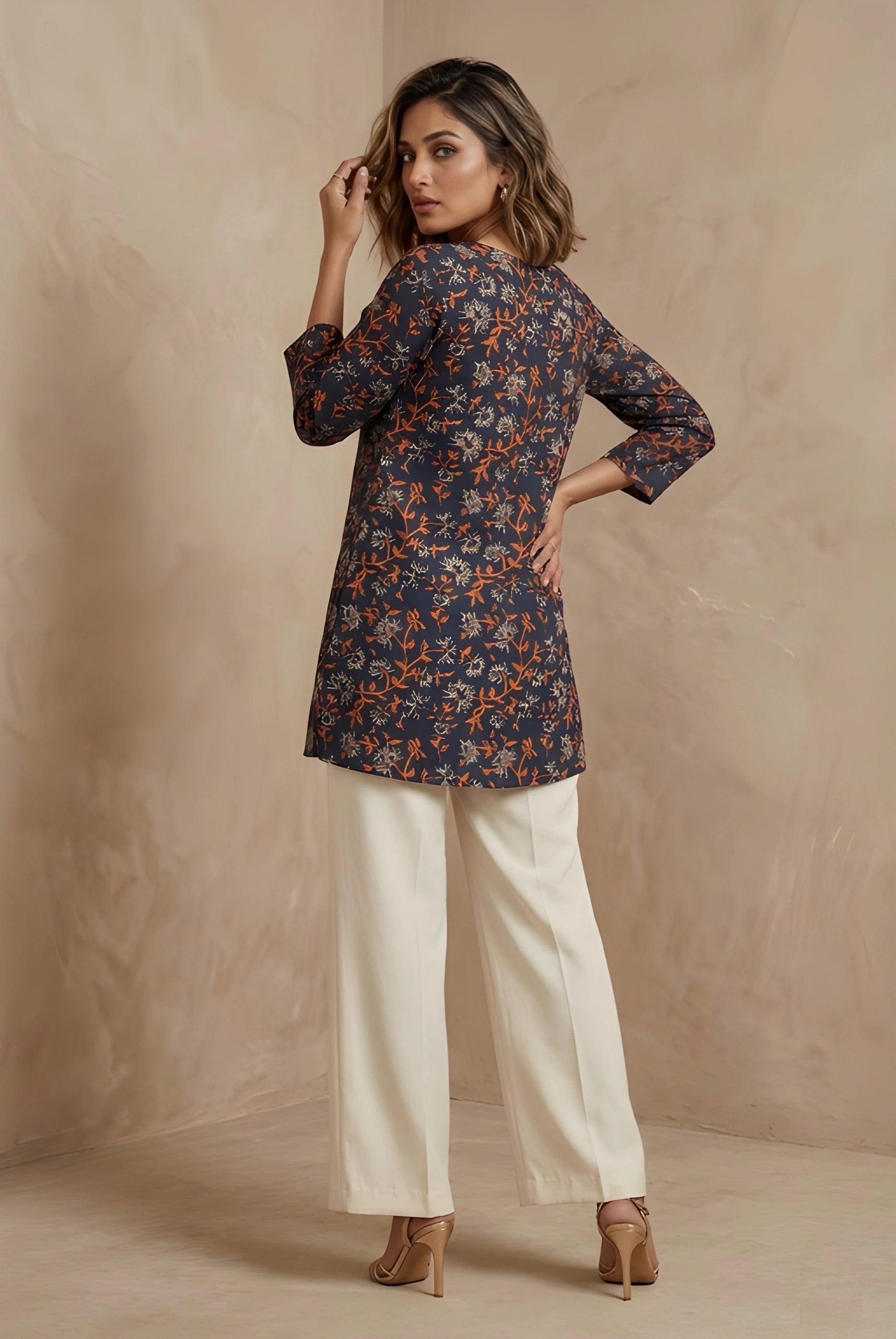 Woman wearing a dark floral top and white pants against a beige background